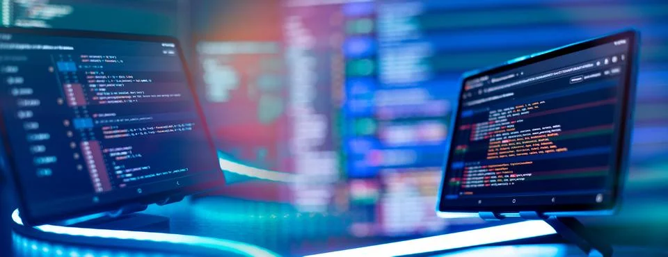 Running Computer data programming. Coding script text on screen. Notebook c.. 写真素材