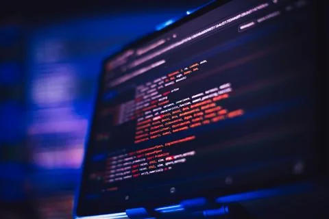 Running Computer data programming. Coding script text on screen. Notebook c.. 스톡 사진