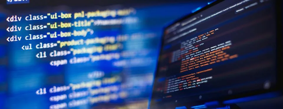 Running Computer data programming. Coding script text on screen. Notebook c.. Stock Photos