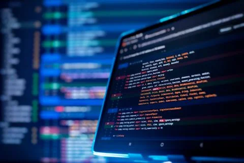 Running Computer data programming. Coding script text on screen. Notebook c.. Stock Photos