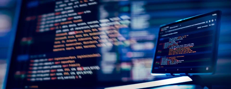 Running Computer data programming. Coding script text on screen. Notebook c.. Stock-Fotos