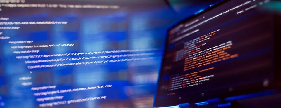 Running Computer data programming. Coding script text on screen. Notebook c.. Stock Photos