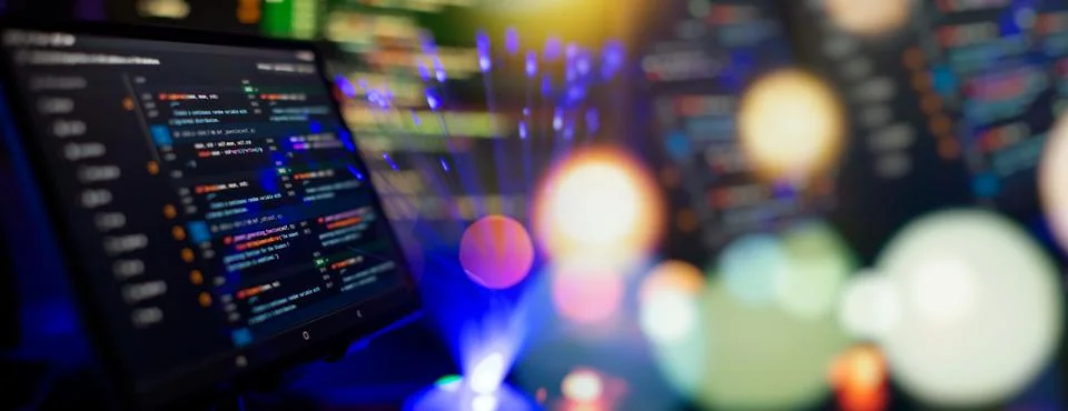 Running Computer data programming. Coding script text on screen. Notebook c.. Stock-Fotos