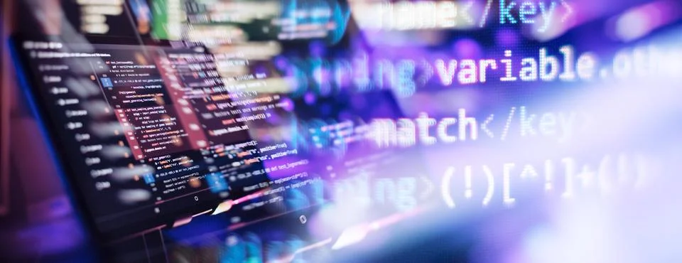 Running Computer data programming. Coding script text on screen. Notebook c.. Foto stock