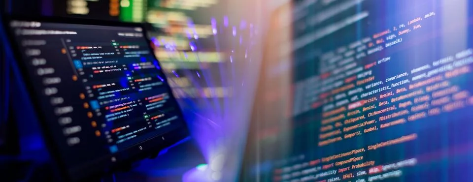 Running Computer data programming. Coding script text on screen. Notebook c.. Stock-Fotos