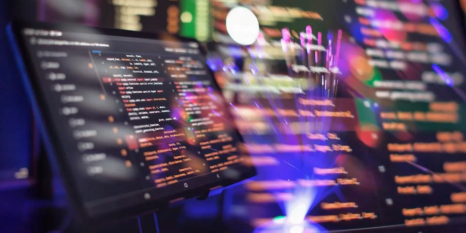 Running Computer data programming. Coding script text on screen. Notebook c.. Stock-Fotos