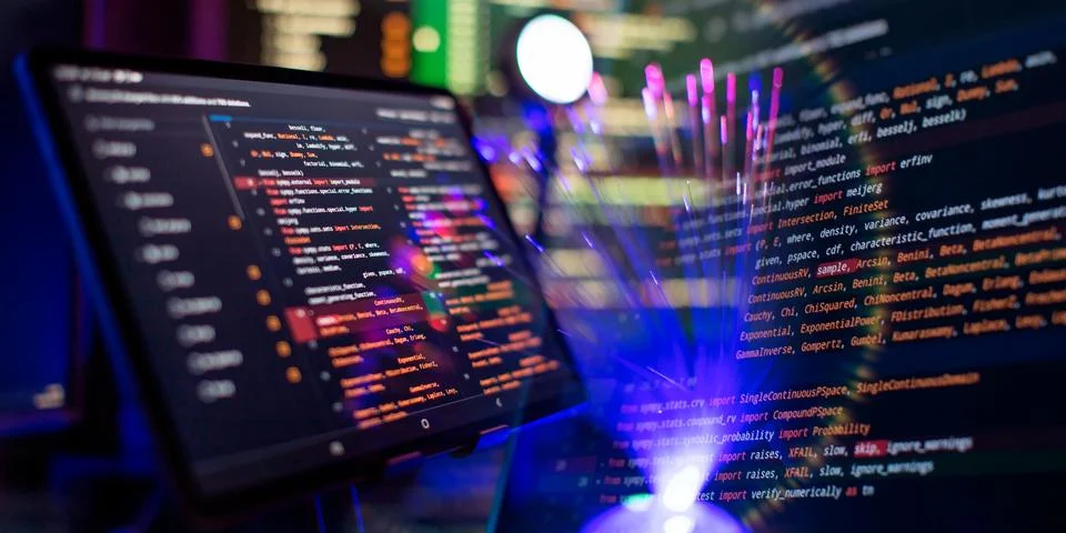 Running Computer data programming. Coding script text on screen. Notebook c.. Stock Photos
