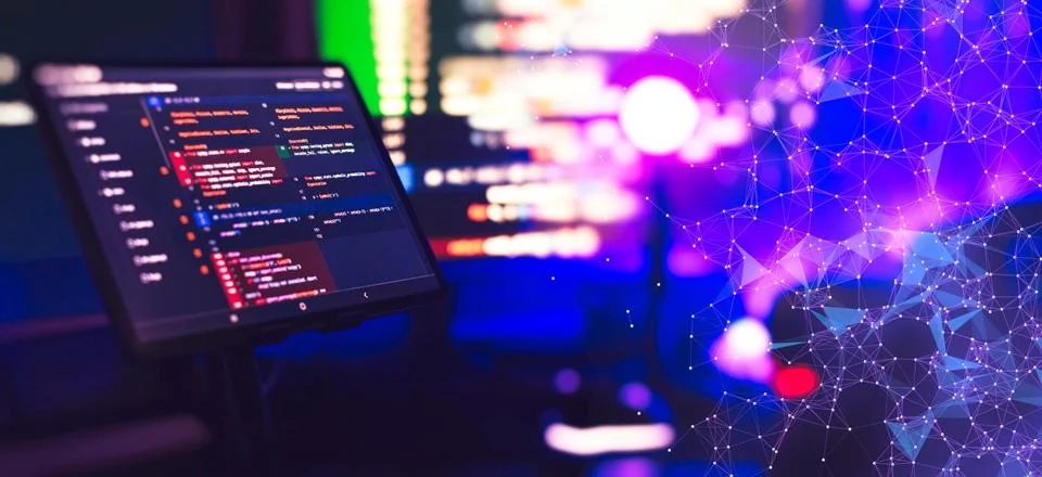 Running Computer data programming. Coding script text on screen. Stock-Fotos