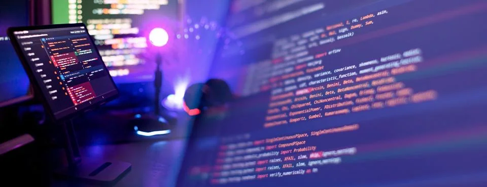 Running Computer data programming. Coding script text on screen. Stock Photos