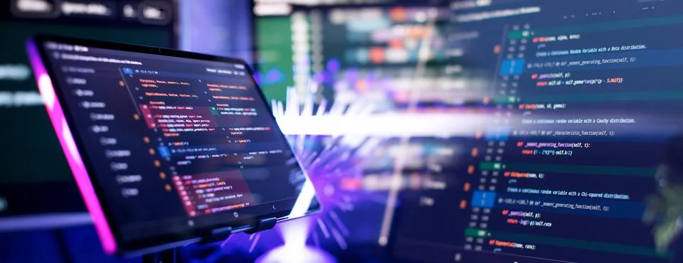 Running Computer data programming. Coding script text on screen. Stock Photos