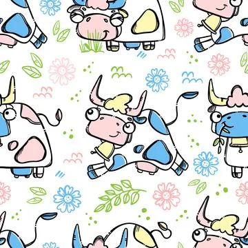 RUNNING COW Cartoon Seamless Pattern Vector Illustration Illustrazione stock