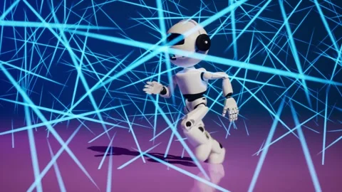 Running cute humanoid cartoon robot on blue background with neon lasers Stock Footage 269201291