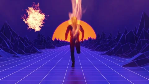 Running Cyberpunk Guy On Fire Retro 80s VJ Loop Background With Explosions Stock Footage 292797284