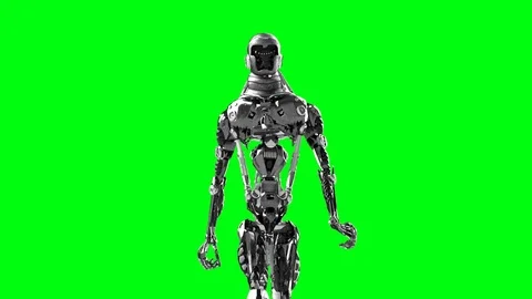 Running cyborg, walking robot render 3D on a green background Stock Footage 100676644