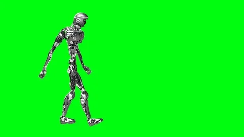 Running cyborg, walking robot render 3D on a green background Stock Footage 100676723