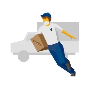 Running delivery man in blue uniform and medicne mask holding carton box from 스톡 일러스트