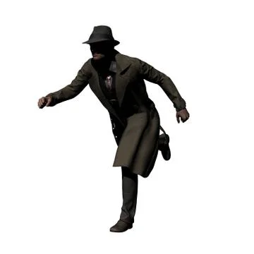 Running Detective in Trench Coat 3-D-Illustration Isolated on White Stock Illustration