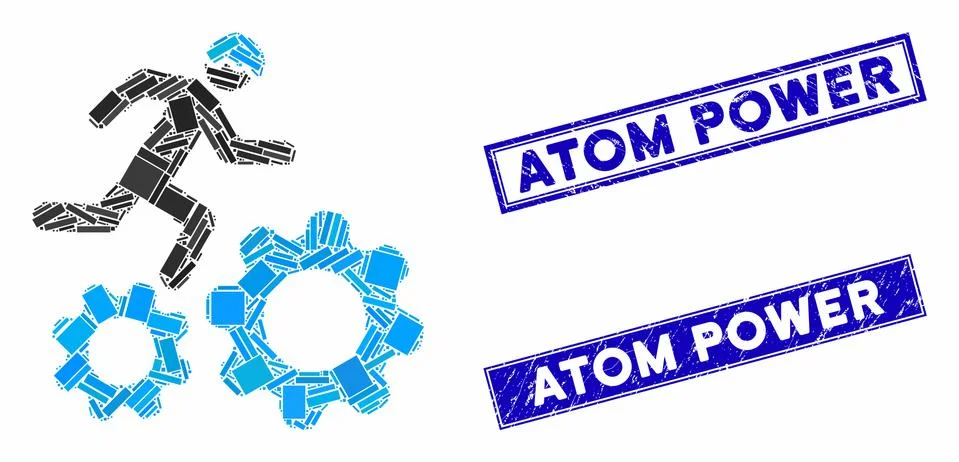 Running Developer Over Gears Mosaic and Distress Rectangle Watermarks Stock Illustration