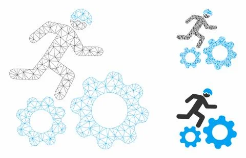 Running Developer Over Gears Vector Mesh Network Model and Triangle Mosaic Icon Illustrazione stock