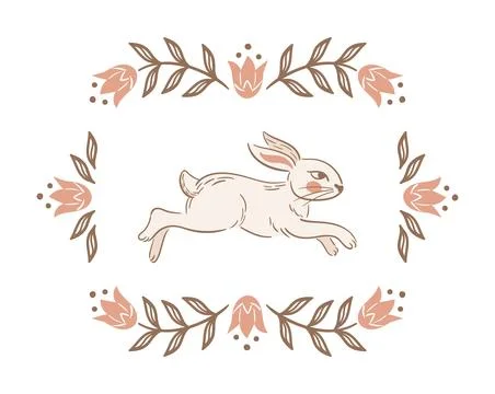 Running Easter bunny. Vintage Blooming tulips, rectangular frame. Stylized retro Illustrazione stock