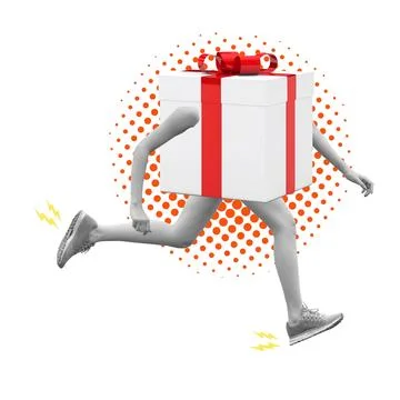 Running figure with a gift box head on a white background. Stock Photos