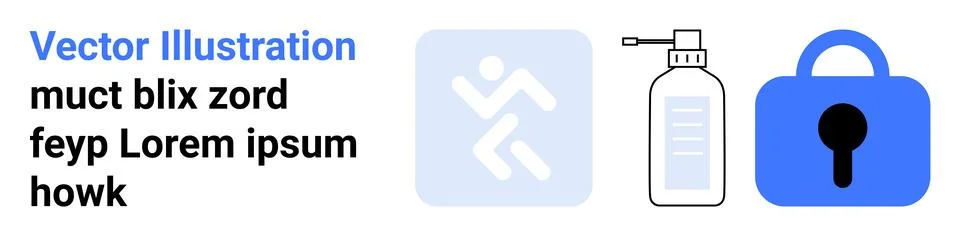 Running figure inside square symbol, authentication spray bottle, and blue pa Stock Illustration