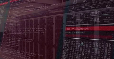 Running FileENCRYPTION banner over server racks with code overlay, hex dump, 스톡 사진