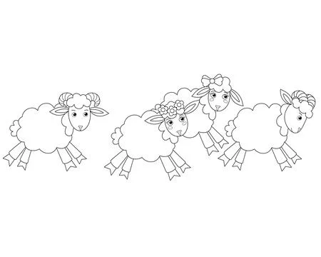 Running flock of sheep - vector linear picture for coloring. Cute sheep, lambs a Stock Illustration