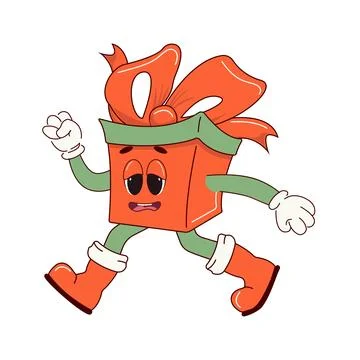 Running gift box. Retro character in cartoon fashionable groovy style. The Stock Illustration