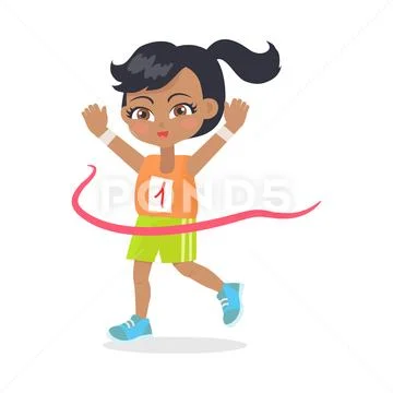 Running Girl with Black Hair Crosses Finish Line Stock Illustration