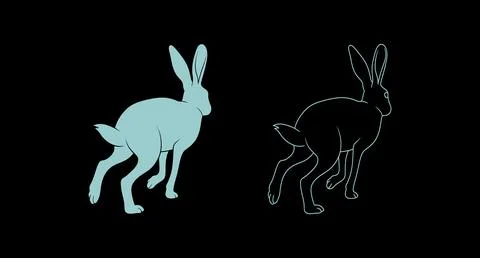 Running hare illustration set in solid and outline styles with black backgrou Stock Illustration