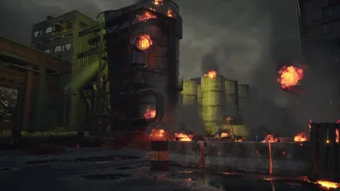 Running hero in a fiery world. First person's oil depot run. Stock Footage 302784091