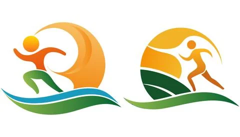 Running human figures set with sun and waves design for health logo. Stock Illustration