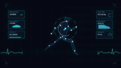 Running human skeleton animation with blue HUD interface data loop Stock Footage 346541383