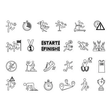 Running Icon Set. Vector Illustrations Race, Trophy, Sprint, Distance, Hurd.. Stock Illustration