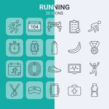 Running icons collection with marathon runner, stopwatch, smartwatch, water.. Stock Illustration