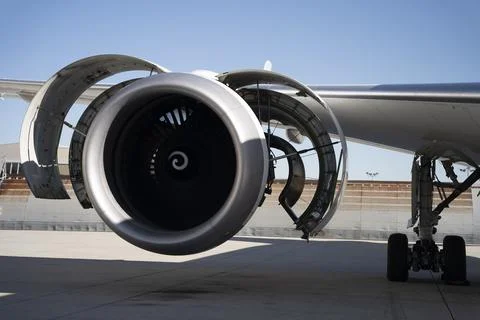 Running jet engine with cowls open. Stock Photos