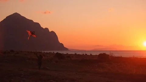 Running with the kite Stockbeeldmateriaal 97795500