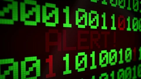 Running lines with binary code and shimmering text "ALERT" light-green Stock Footage 77912466