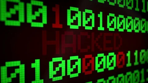 Running lines with binary code and shimmering text "HACKED" Stock Footage 77939547
