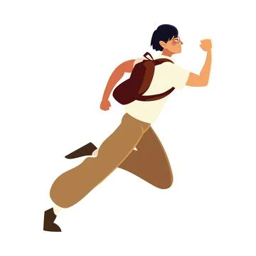 Running man with glasses and backpack, side view Stock Illustration