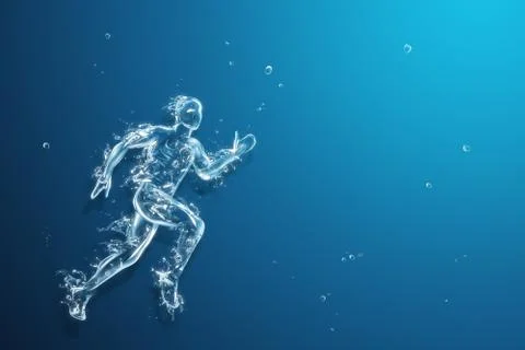 Running man liquid artwork on blue background. athlete figure in motion Stock Illustration