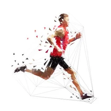 Running man, low polygonal geometric illustration. Vector runner, side view Stock Illustration