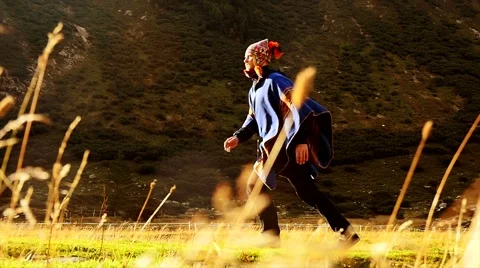 Running man walking in mountain scenery at sunset. recreational Stock Footage 42951296