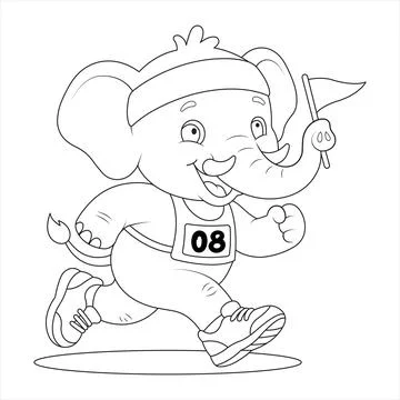 Running marathon runner elephant wearing number bib and holding small finis.. Stock Illustration