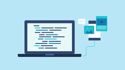 Running mobile app code on laptop screen 2d Animation with Alpha Matte Stock Footage 335800578