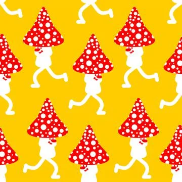 Running mushroom pattern seamless. Fly agaric run background Ilustración de archivo