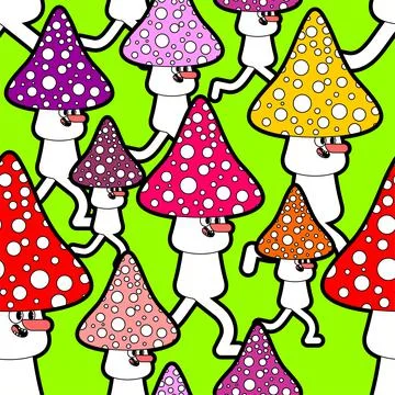 Running mushroom pattern seamless. Fly agaric run background Ilustración de archivo