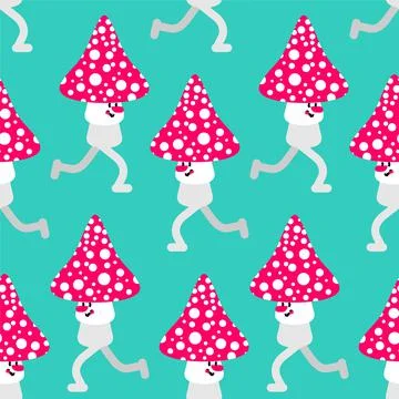 Running mushroom pattern seamless. Fly agaric run background 스톡 일러스트