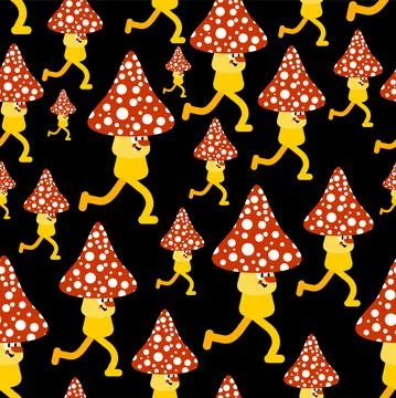Running mushroom pattern seamless. Fly agaric run background 스톡 일러스트